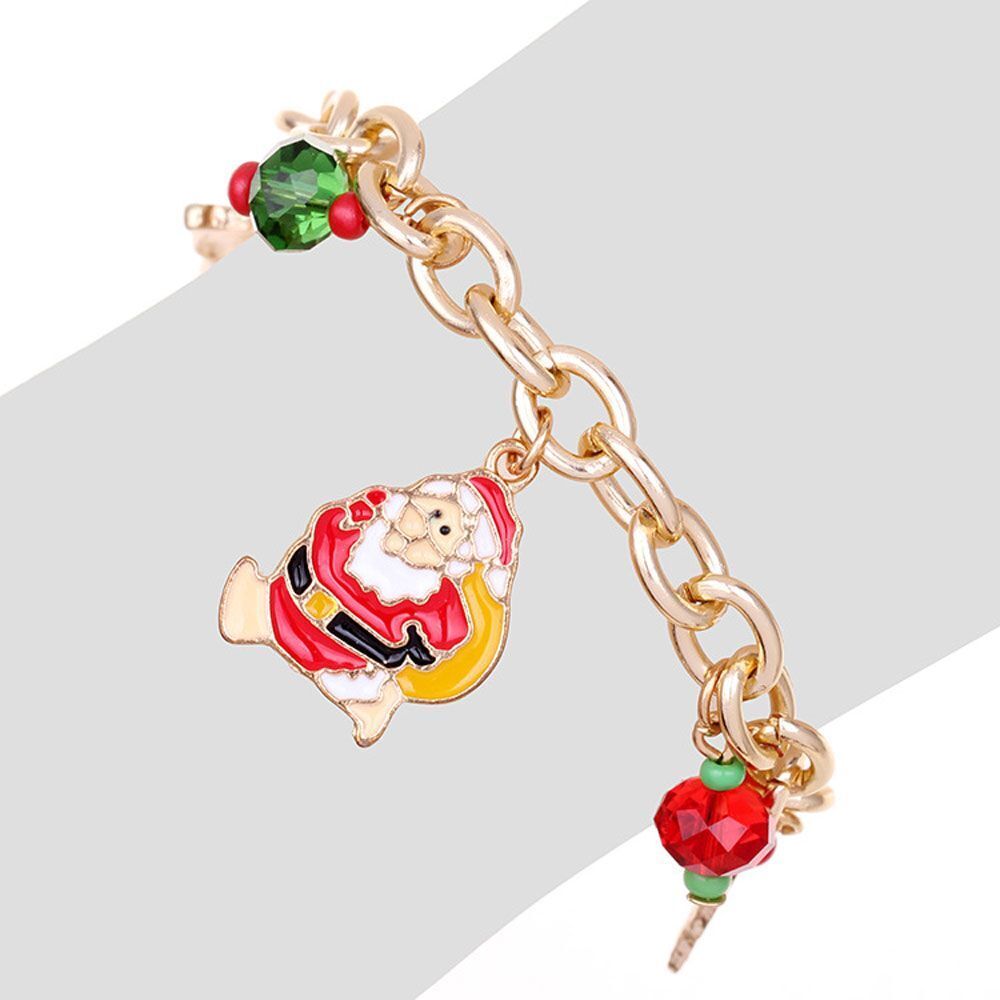 Goldenes Armband mit Weihnachtsmann-Anhänger, rot-grüne Perlen, festlicher Schmuck.