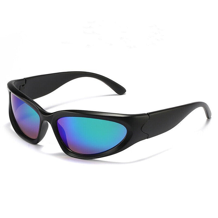 Schwarze Sonnenbrille mit blauen polarisierten Gläsern, modisches Accessoire für Outdoor-Aktivitäten.