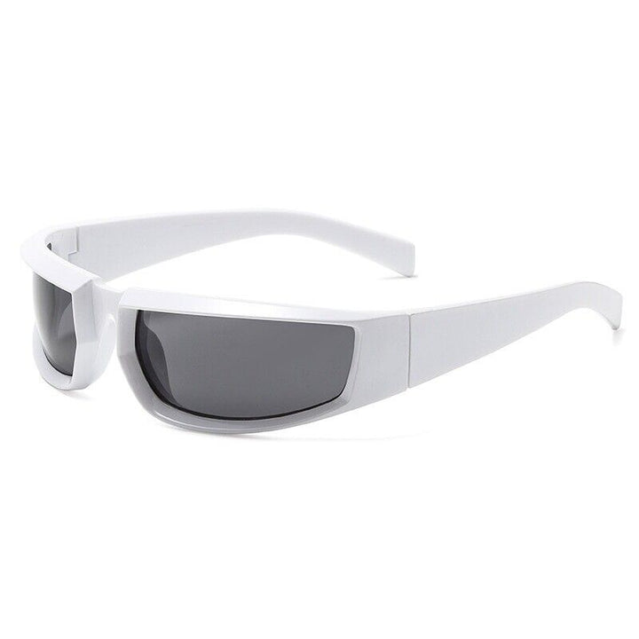 Weiße Sonnenbrille mit schwarzen Gläsern, modisches Accessoire, UV-Schutz, Unisex-Design.