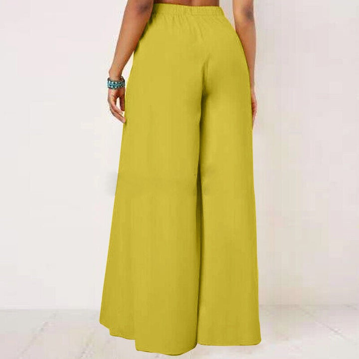 Gelbe Damenhose, weites Bein, elastischer Bund, Sommermode, lässig, bequem, Baumwolle.