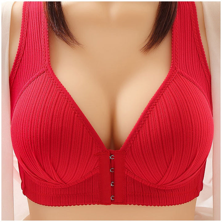 Roter Damen-BH mit V-Ausschnitt, geripptes Design, vordere Hakenverschlüsse, bequeme Passform.