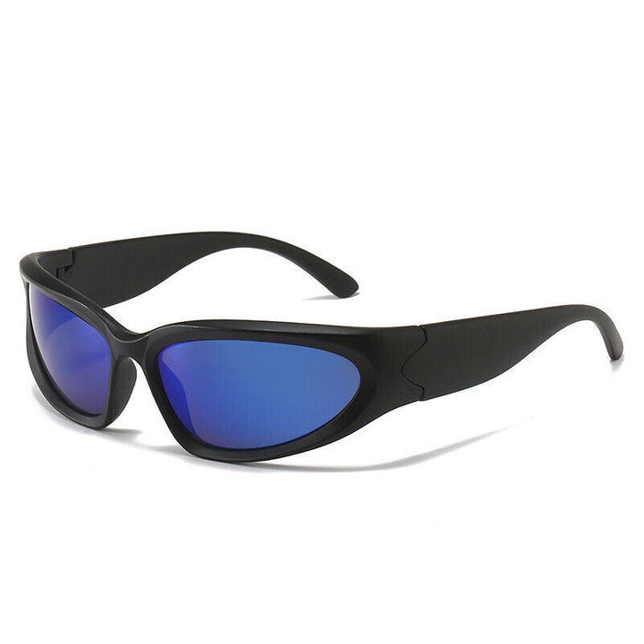 Schwarze Sonnenbrille mit blauen Gläsern, sportliches Design, UV-Schutz, Unisex.