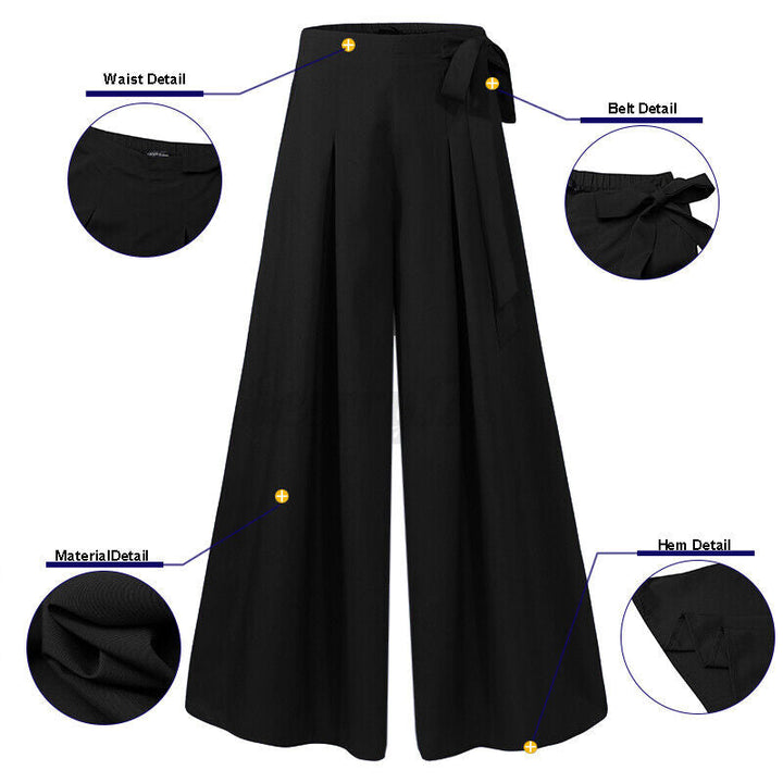 Schwarze Damenhose mit weitem Bein, Taillenband, Materialdetails, modisch, elegant.