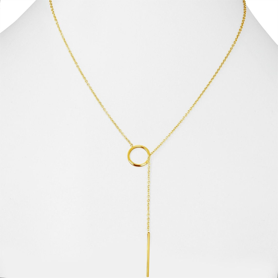 Goldene Y-Halskette mit Kreis- und Stabanhänger, eleganter Schmuck für Damen.