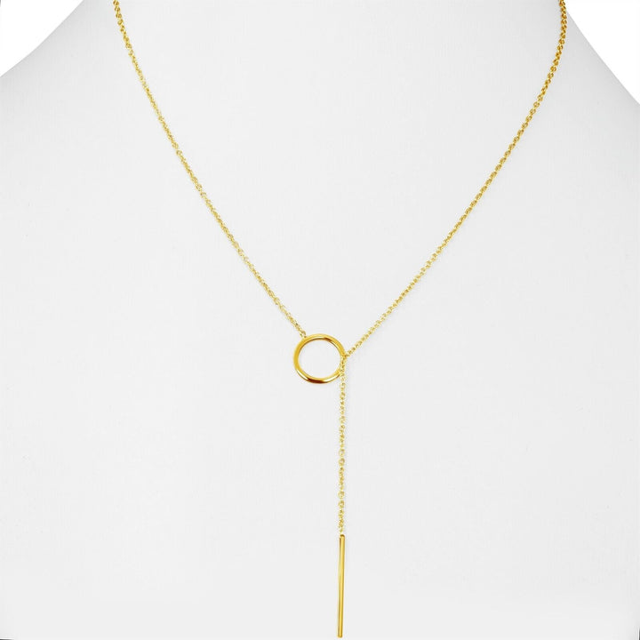 Goldene Y-Halskette mit Kreis- und Stabanhänger, eleganter Schmuck für Damen.