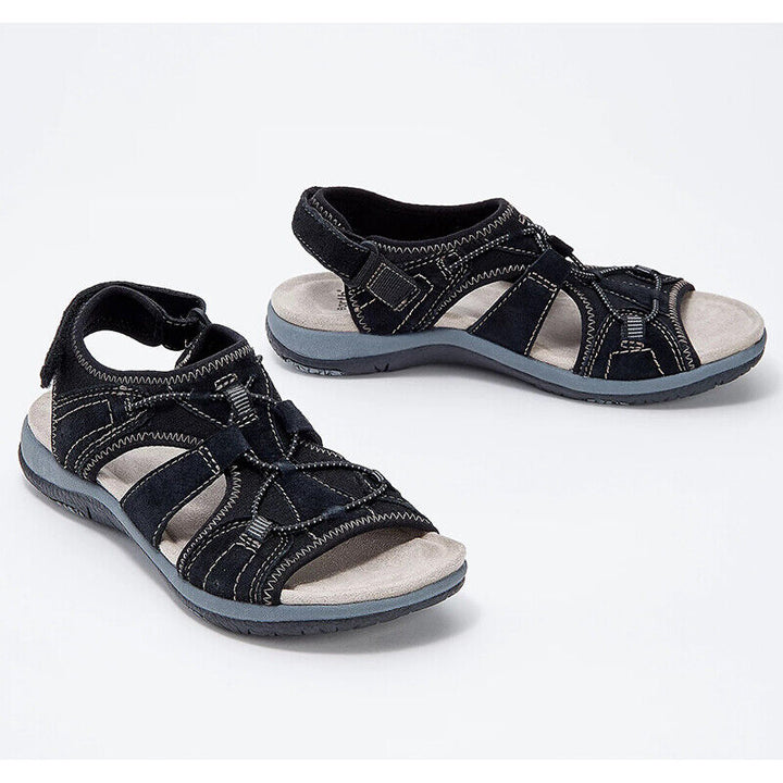 Schwarze Outdoor-Sandalen für Damen, bequem, Klettverschluss, rutschfeste Sohle.