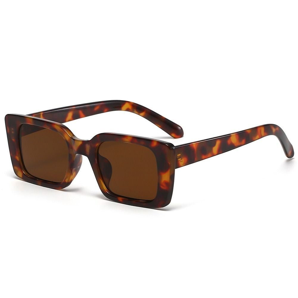 Braune rechteckige Sonnenbrille, Retro-Design, Kunststoff, Schildpatt-Muster, UV-Schutz.