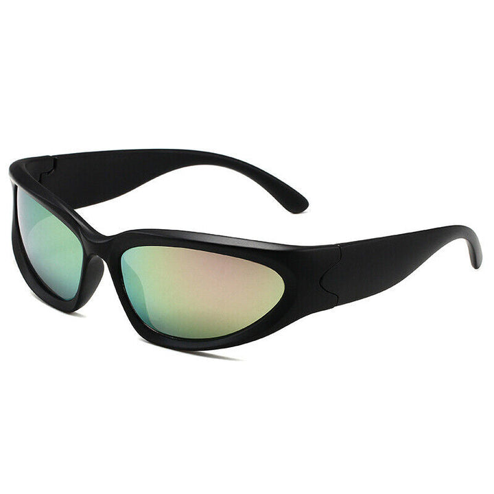 Schwarze Sonnenbrille mit verspiegelten Gläsern, modisches Accessoire, UV-Schutz.