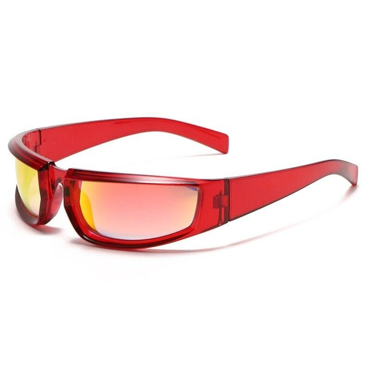 Rote Sonnenbrille mit gelb-roten Gläsern, modisches Accessoire, UV-Schutz, Unisex.