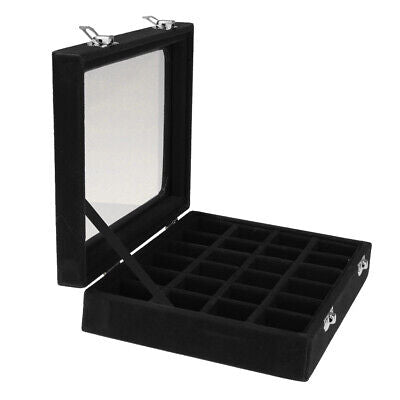 Schwarze Schmuckbox mit Glasdeckel, 24 Fächer, Samt, Aufbewahrung für Ringe und Ohrringe.