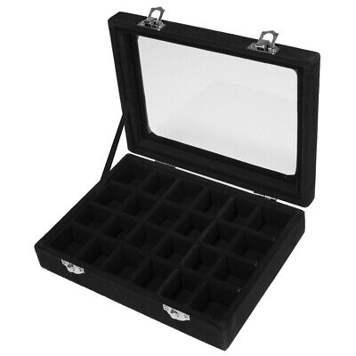 Schwarze Schmuckbox mit Glasdeckel, 24 Fächer, Aufbewahrung, Organizer, Display, Samt.
