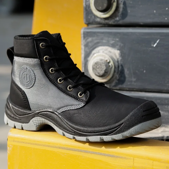 Schwarzer Sicherheitsschuh, Stahlkappe, rutschfest, robust, Arbeitsstiefel, Herren, Outdoor.