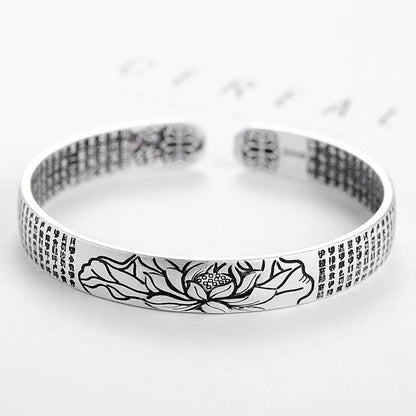 Silbernes Armband mit Lotusblumen-Design und Gravur, verstellbar, Edelstahl, Unisex-Schmuck.