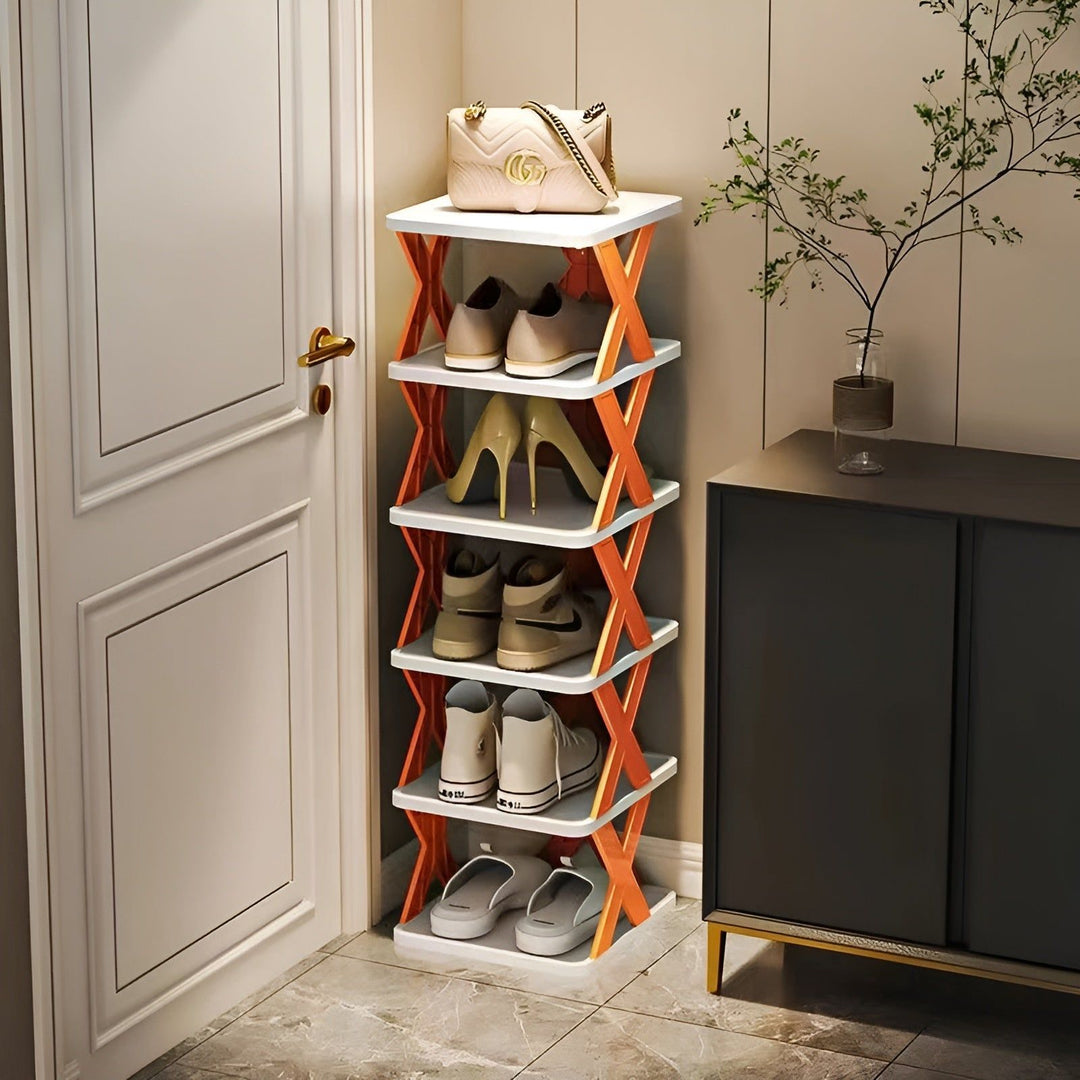 Schuhregal aus Holz, 5 Ebenen, orange, platzsparend, für Flur, modernes Design.