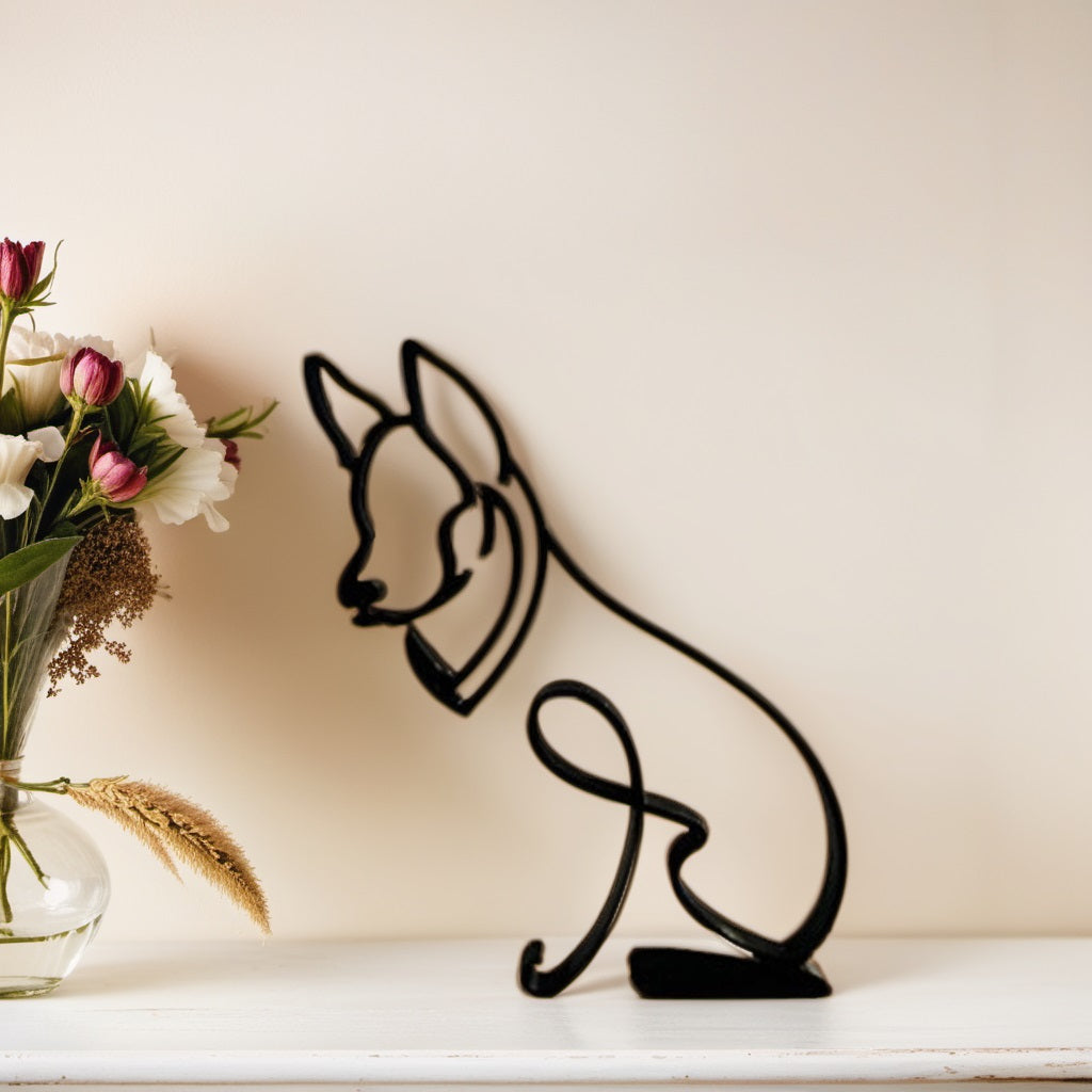 Schwarze Schäferhund-Skulptur aus Metall neben Vase mit Blumen auf weißem Regal.