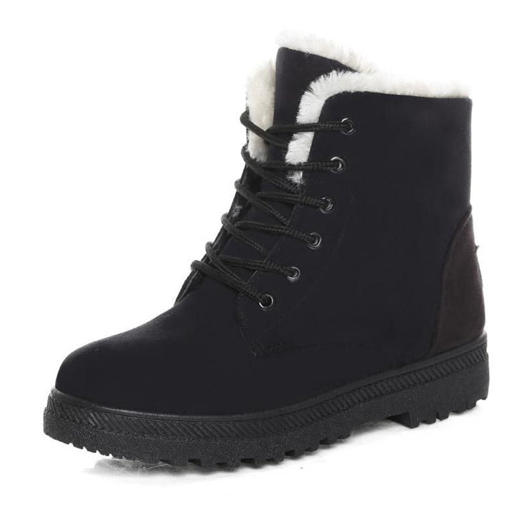 Schwarze Winterstiefel mit Fellfutter, Schnürung, rutschfeste Sohle, modisch, warm.