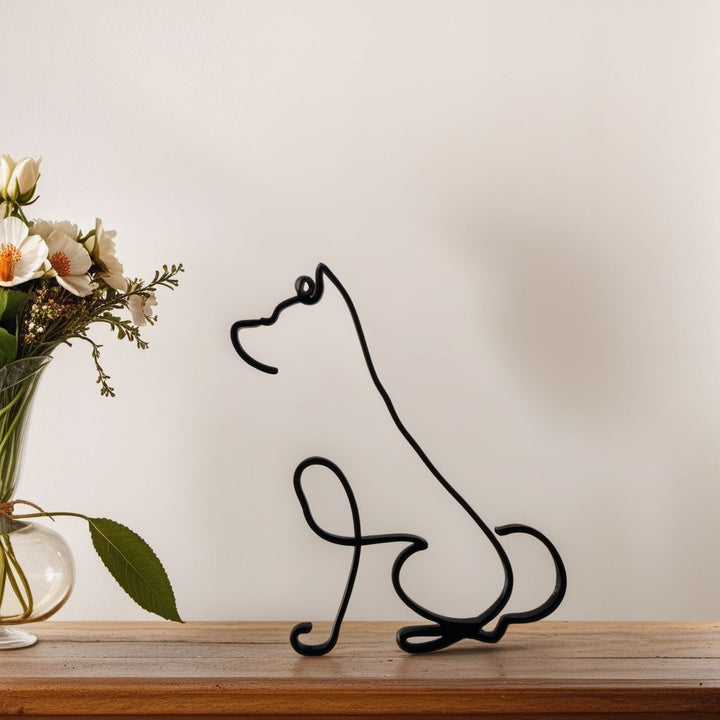 Drahtskulptur Shiba Inu Hund, schwarzes Metall, minimalistisches Design, Dekoration Regal.