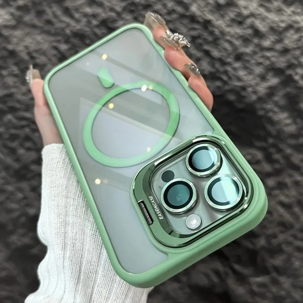 Nárazuvzdorné magnetické pouzdro na mobil se skleněnou ochranou a stojánkem.