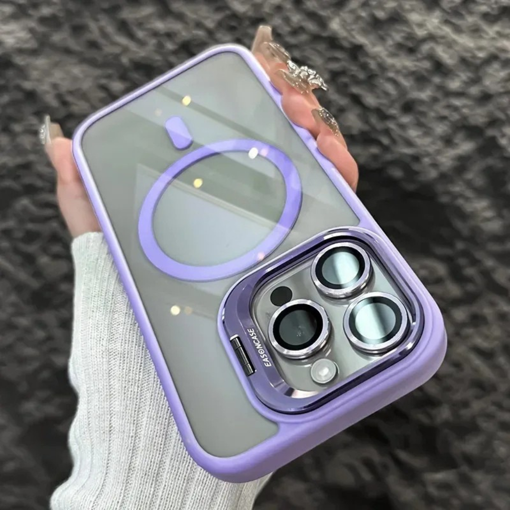 Nárazuvzdorné magnetické pouzdro na mobil se skleněnou ochranou a stojánkem.