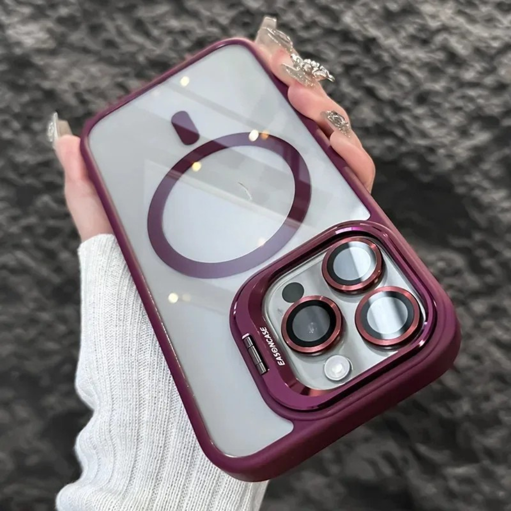 Nárazuvzdorné magnetické pouzdro na mobil se skleněnou ochranou a stojánkem.