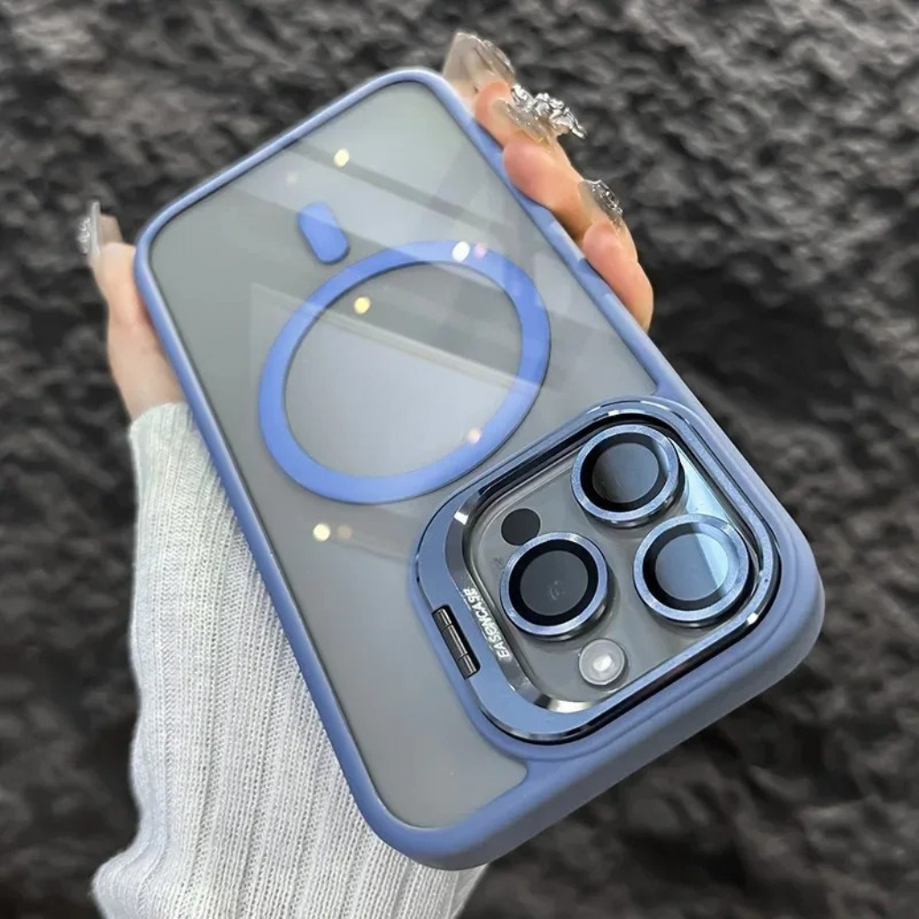 Nárazuvzdorné magnetické pouzdro na mobil se skleněnou ochranou a stojánkem.