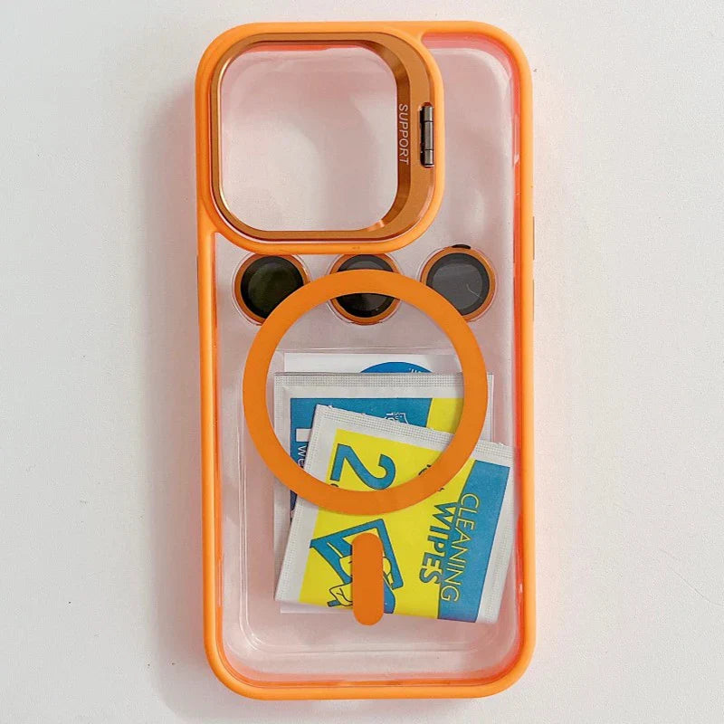 Nárazuvzdorné magnetické pouzdro na mobil se skleněnou ochranou a stojánkem.