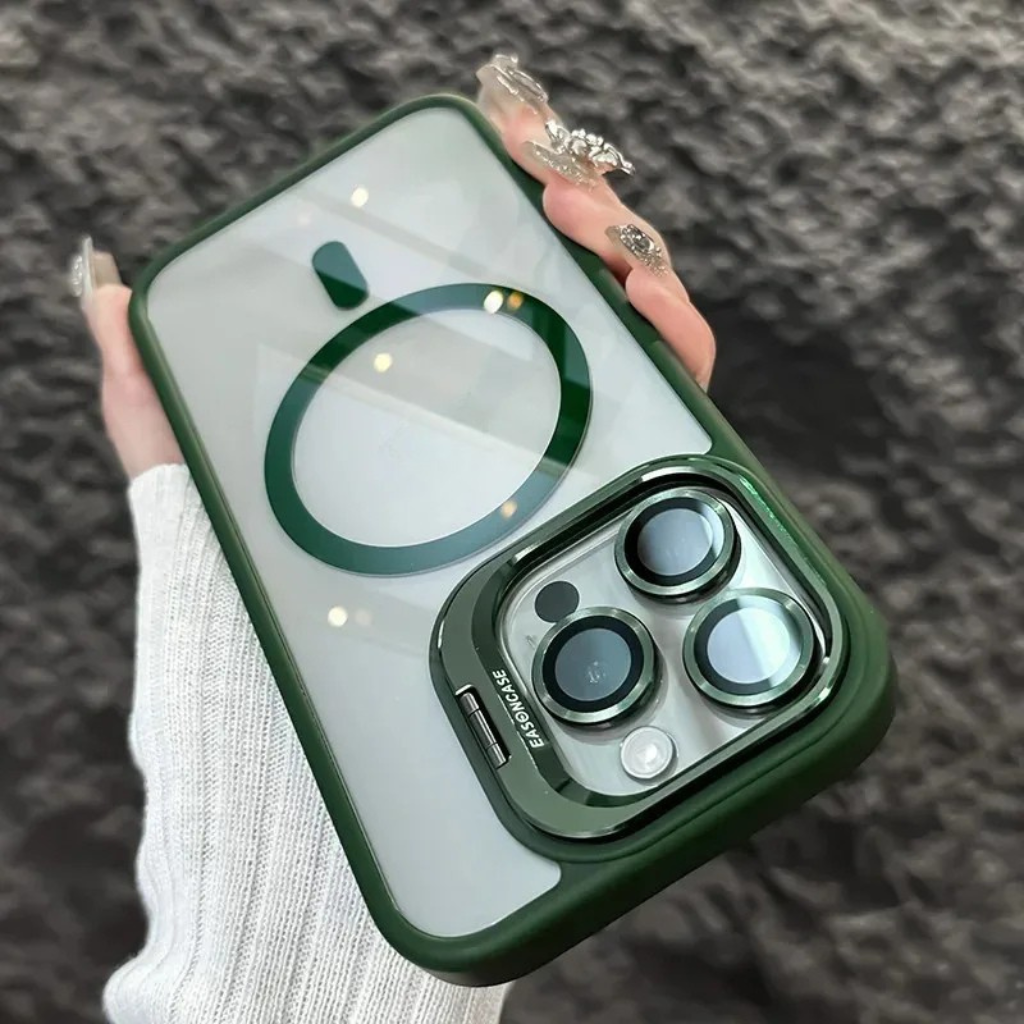 Nárazuvzdorné magnetické pouzdro na mobil se skleněnou ochranou a stojánkem.