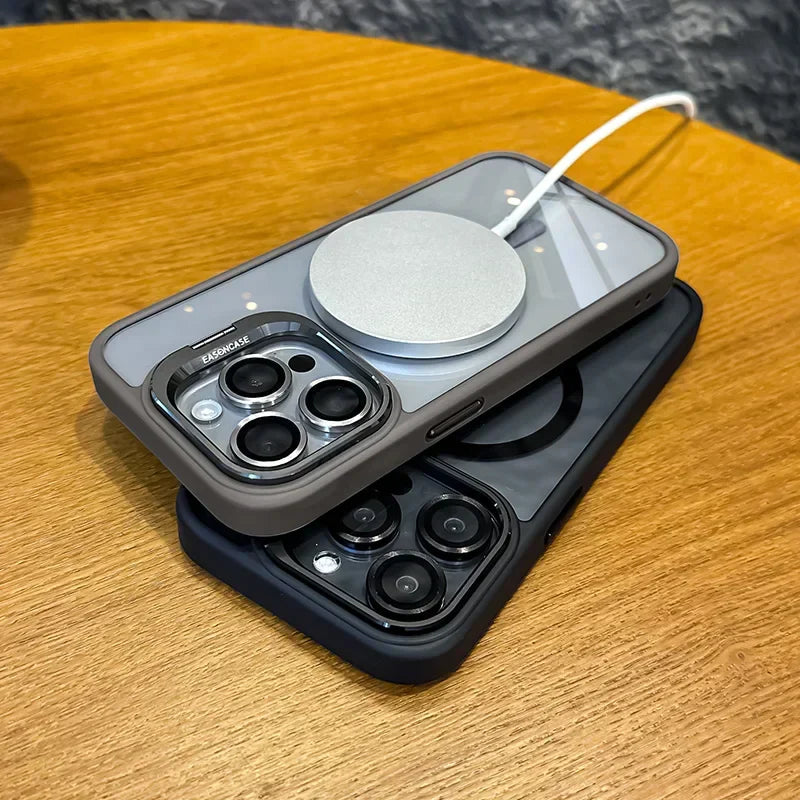 Nárazuvzdorné magnetické pouzdro na mobil se skleněnou ochranou a stojánkem.
