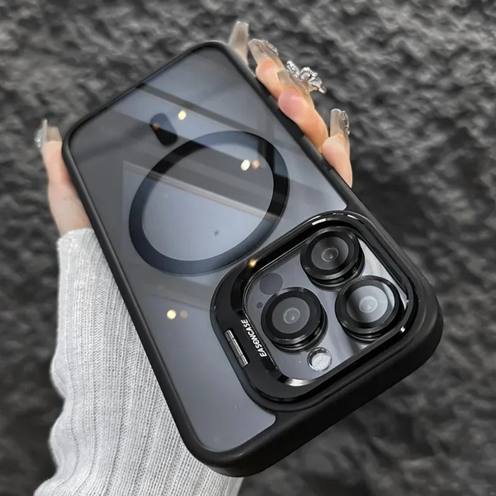 Nárazuvzdorné magnetické pouzdro na mobil se skleněnou ochranou a stojánkem.