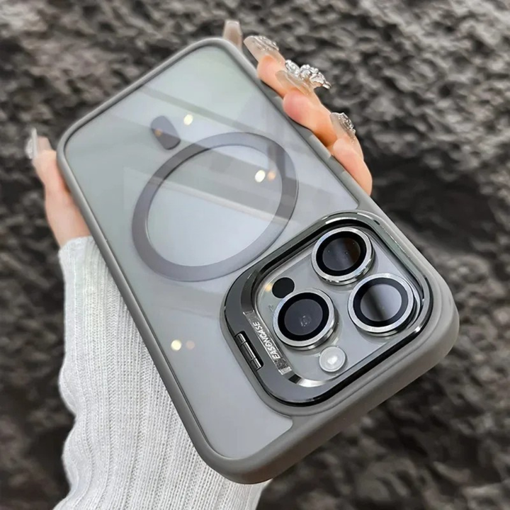 Nárazuvzdorné magnetické pouzdro na mobil se skleněnou ochranou a stojánkem.