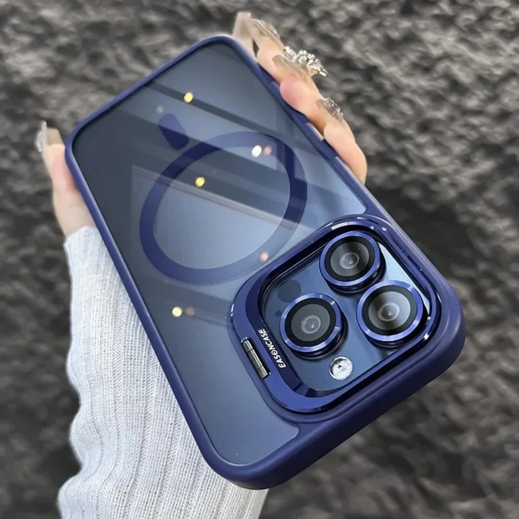 Nárazuvzdorné magnetické pouzdro na mobil se skleněnou ochranou a stojánkem.