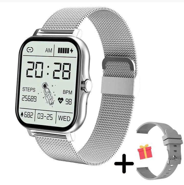 Silberne Smartwatch mit Metallarmband, Fitness-Tracker, Herzfrequenzmesser, Geschenkarmband.