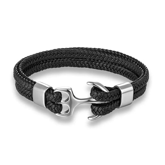 Schwarzes Lederarmband mit silbernem Anker-Verschluss, modisches Herrenaccessoire.