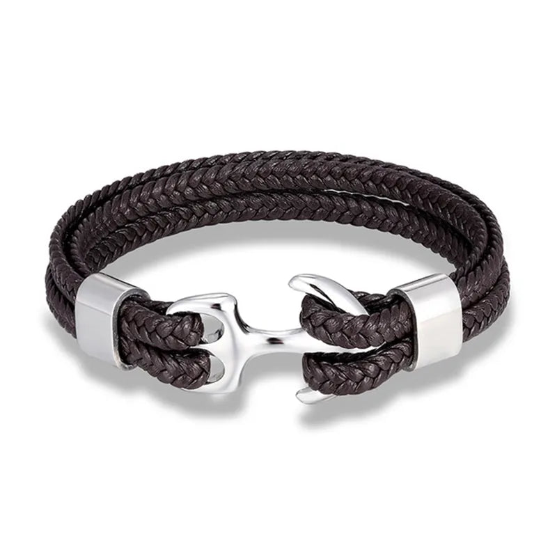 Braunes Lederarmband mit silbernem Anker-Verschluss, modisches Accessoire für Herren.