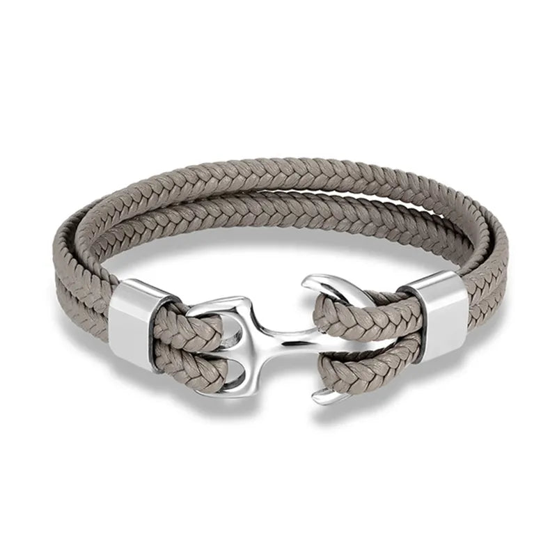 Silbernes Ankerarmband aus geflochtenem grauem Leder, maritimer Schmuck für Herren.