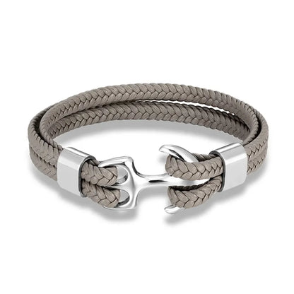 Silbernes Ankerarmband aus geflochtenem grauem Leder, maritimer Schmuck für Herren.