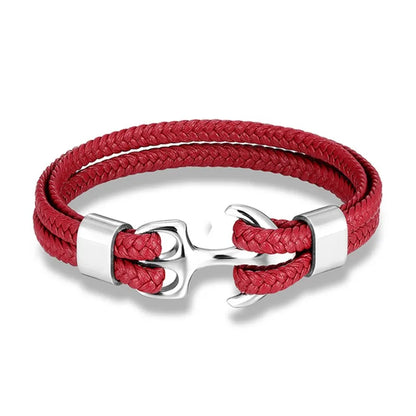 Rotes Ankerarmband aus Leder mit silbernem Verschluss, maritimer Schmuck für Herren.