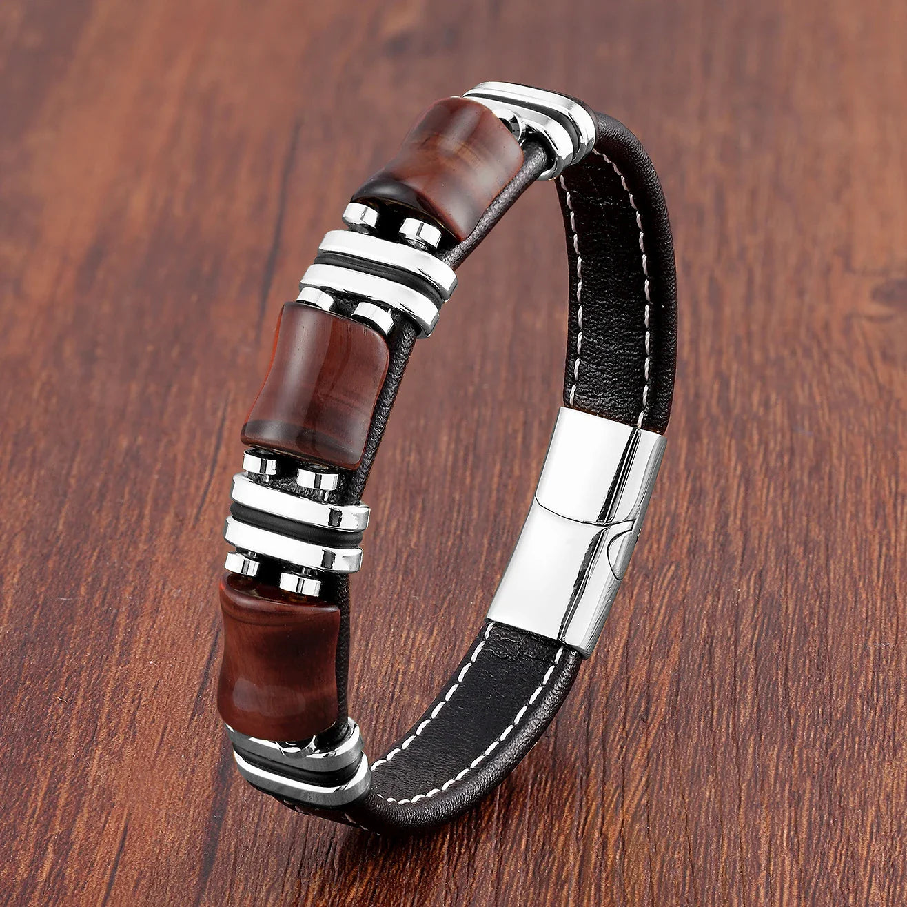 Armband aus Silber und rotem Tigerauge, Leder, Magnetverschluss, Herren-Schmuck, elegant.