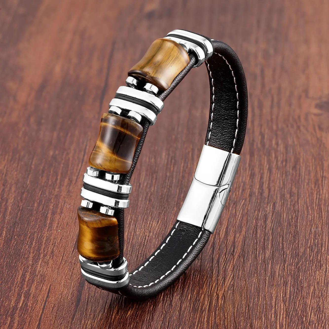 Armband aus Silber und Tigerauge, braun, Leder, Herren-Schmuck, modisch, elegant, Geschenkidee.