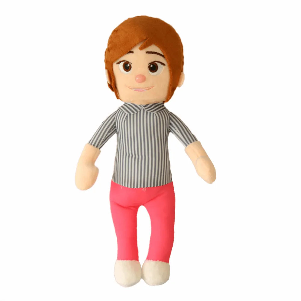 Plüschpuppe mit braunen Haaren, gestreiftem Hemd und pinker Hose, Spielzeug für Kinder.