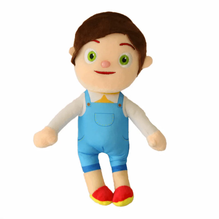 Plüschpuppe Junge, blaues Outfit, braune Haare, grüne Augen, Spielzeug für Kinder.