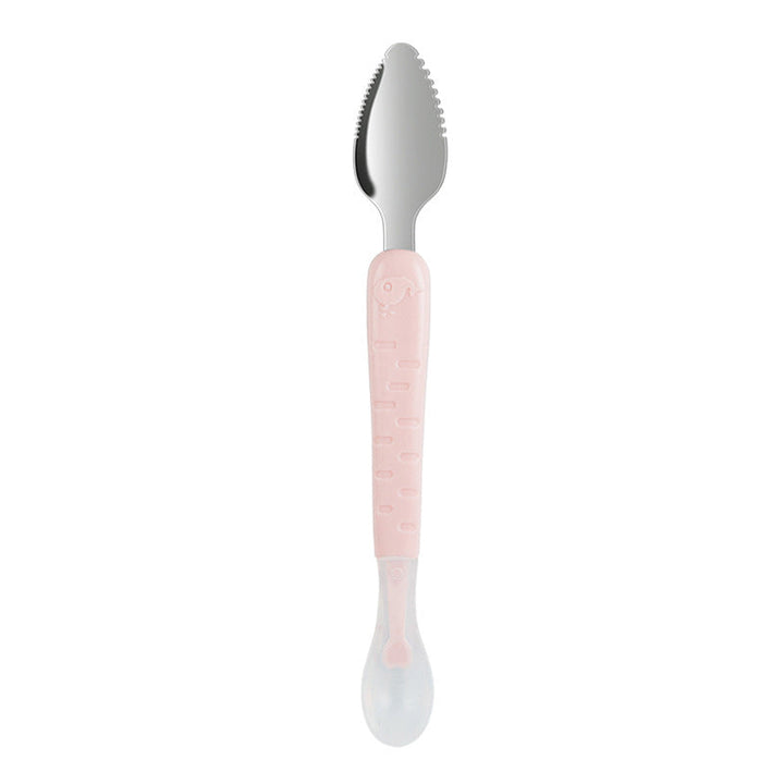 Rosa Babylöffel mit weichem Griff, Edelstahl, ergonomisch, ideal für Kleinkinder.