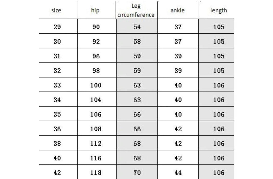 Größentabelle für Herren-Slack, Größen 29-42, Hüft- und Beinmaße, Stretch-Pantalon.