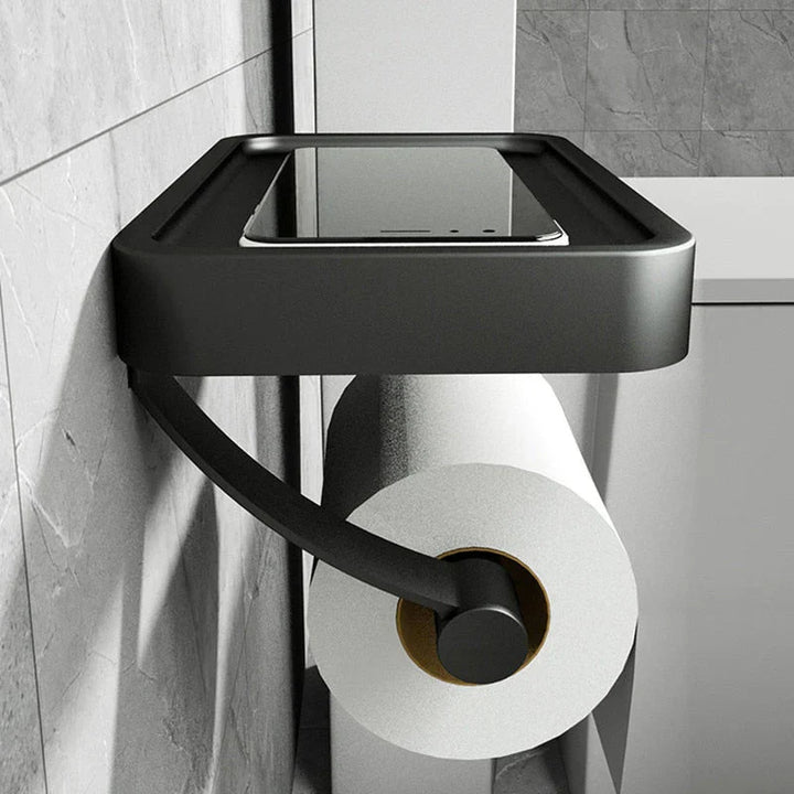 Schwarzer Toilettenpapierhalter mit Ablage, modern, Edelstahl, Wandmontage, Badezimmerzubehör.