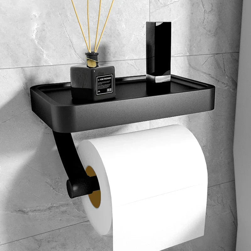 Schwarzer Toilettenpapierhalter mit Ablage, modern, Wandmontage, Badezimmerzubehör.