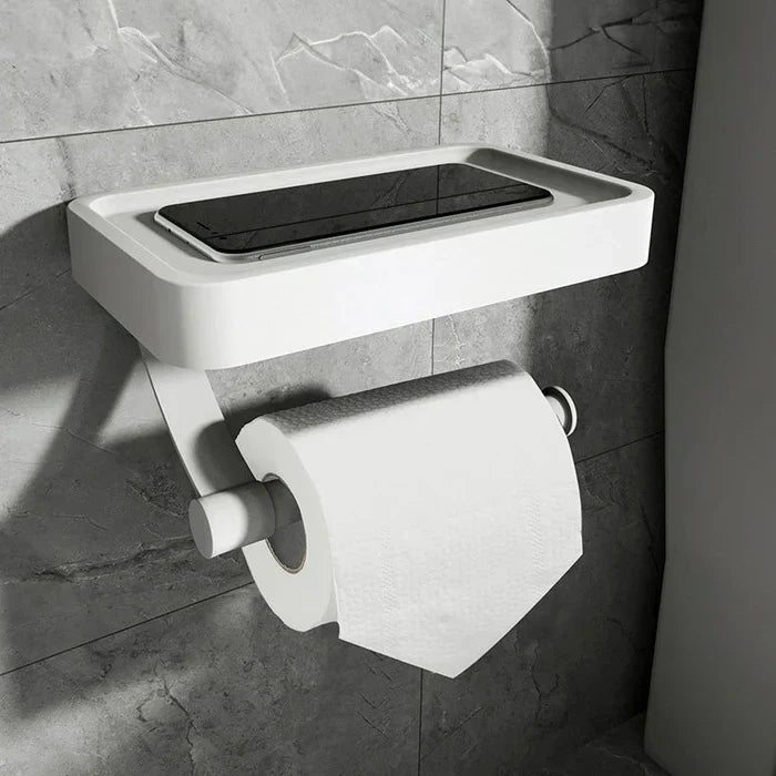 Moderner weißer Toilettenpapierhalter mit Ablage, Wandmontage, Badezimmerzubehör.