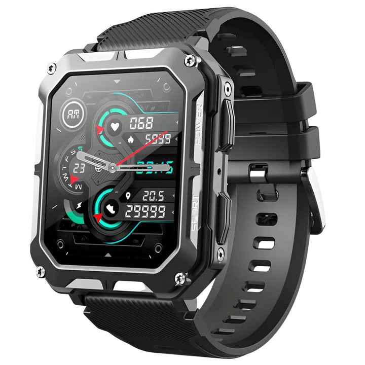 Robuste schwarze Smartwatch mit Metallgehäuse, stoßfest, Fitness-Tracking, wasserdicht.