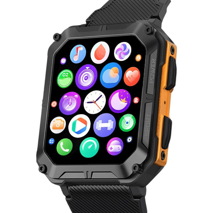 Robuste Smartwatch mit schwarzem Gehäuse, farbigem Display und Silikonarmband.
