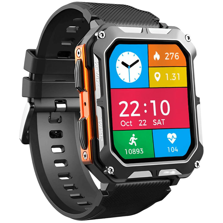 Robuste Smartwatch mit schwarzem Armband, stoßfest, wasserdicht, Fitness-Tracker, Touchscreen.