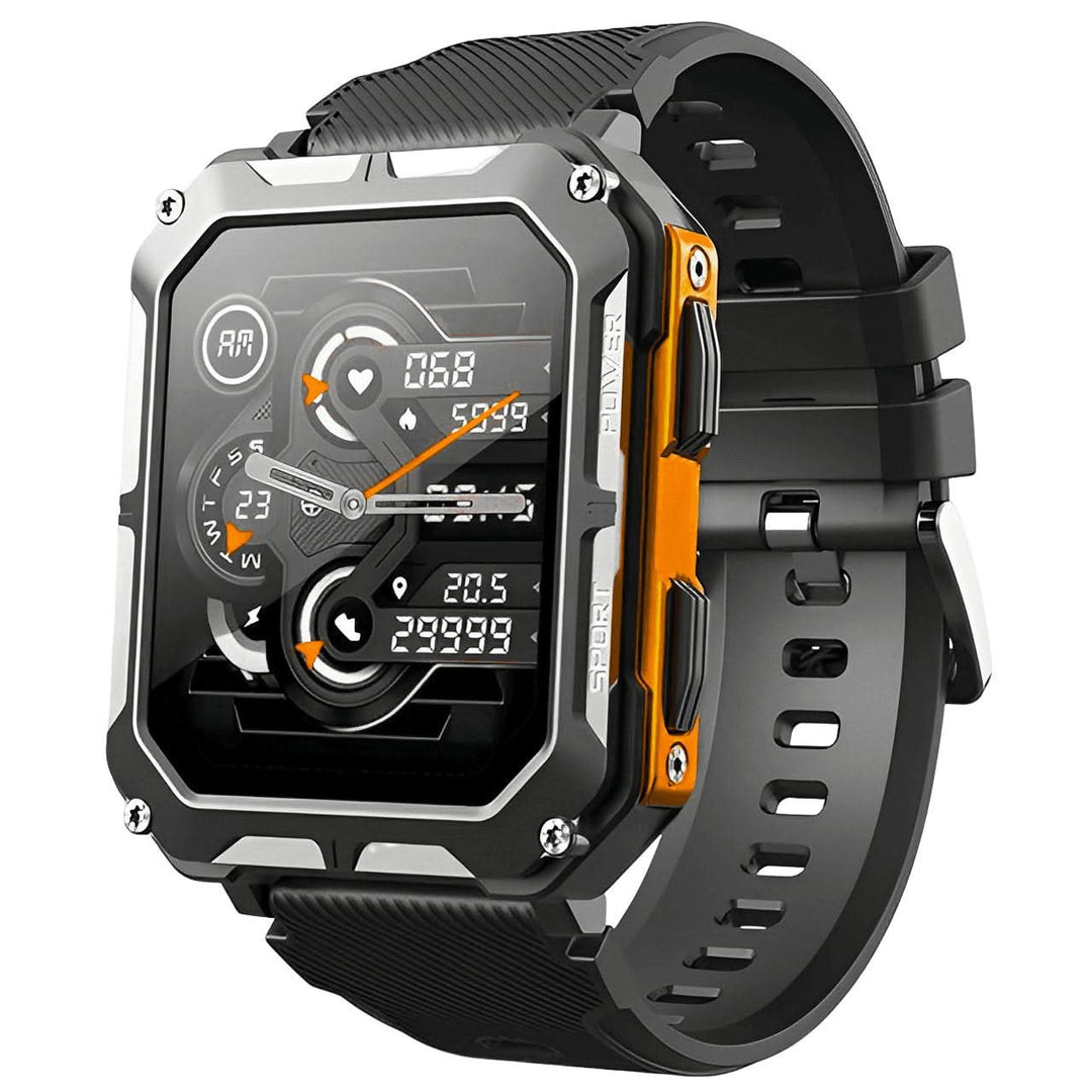 Robuste schwarze Smartwatch mit rechteckigem Zifferblatt, stoßfest, wasserdicht, Sportuhr.